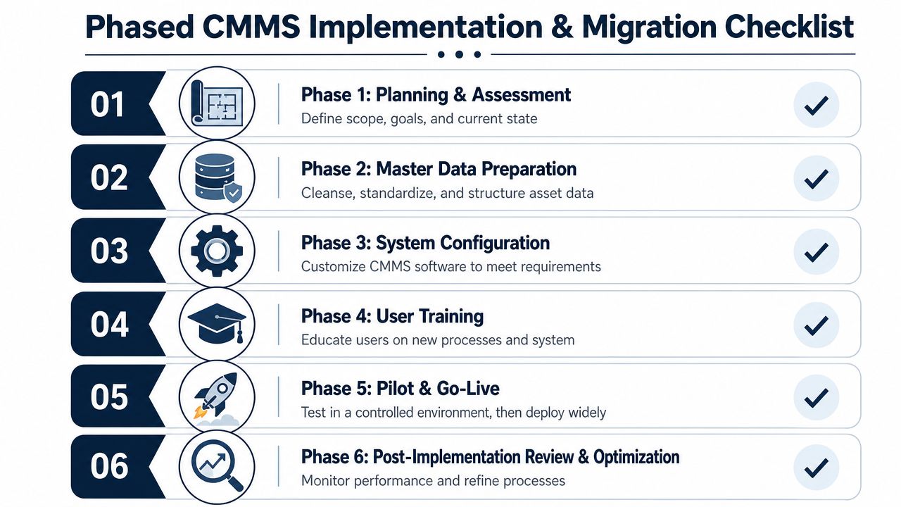 A six-step checklist infographic showing the phased implementation and migration process for a CMMS system.