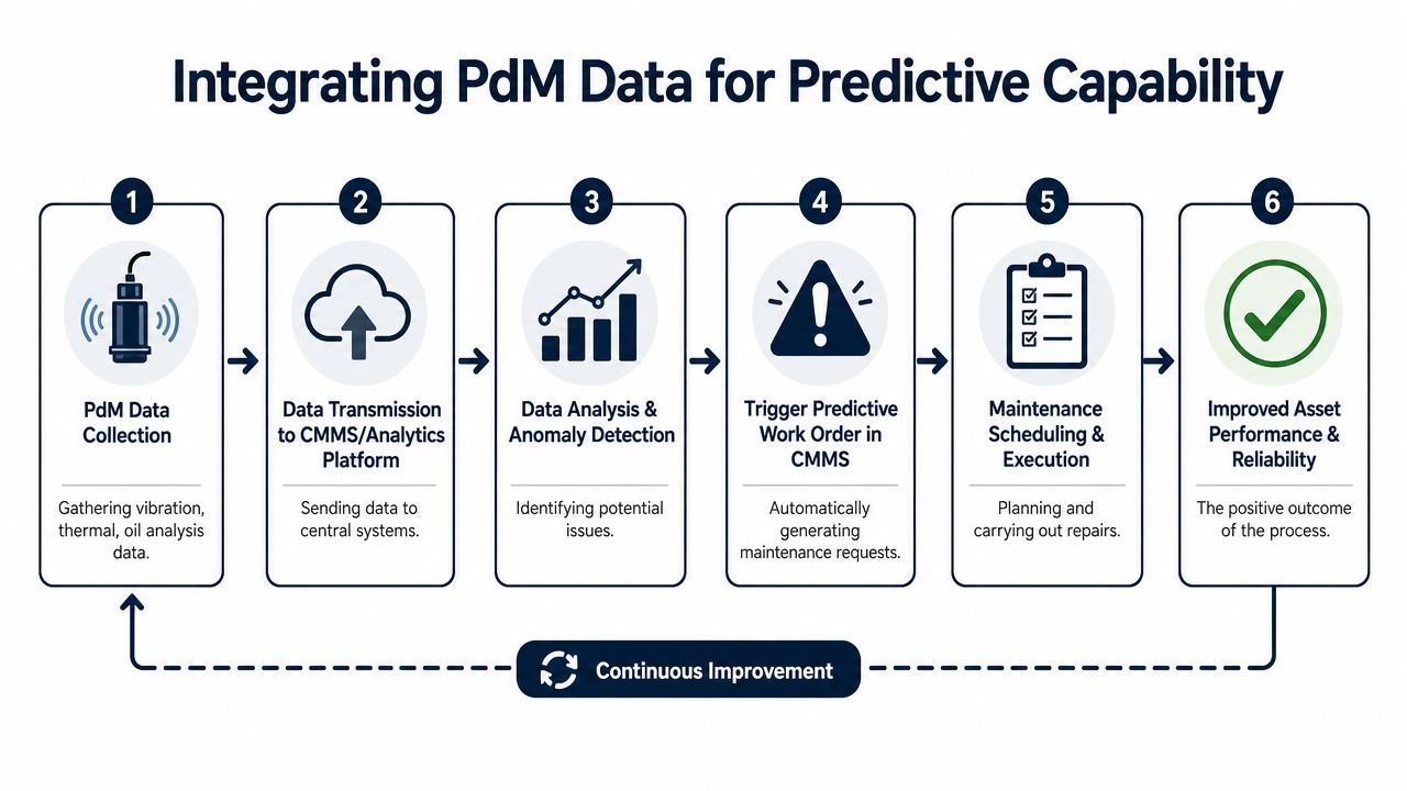 A six-step diagram illustrating the process of integrating predictive maintenance data for asset management and improvement.