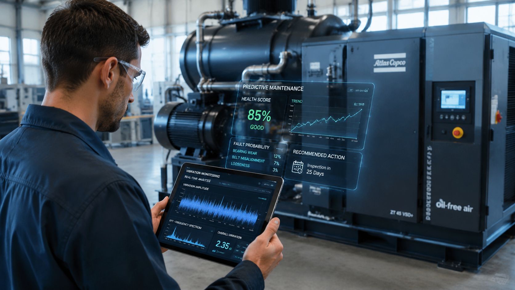 Technician using a digital tablet to perform predictive maintenance analysis on an industrial air compressor unit.