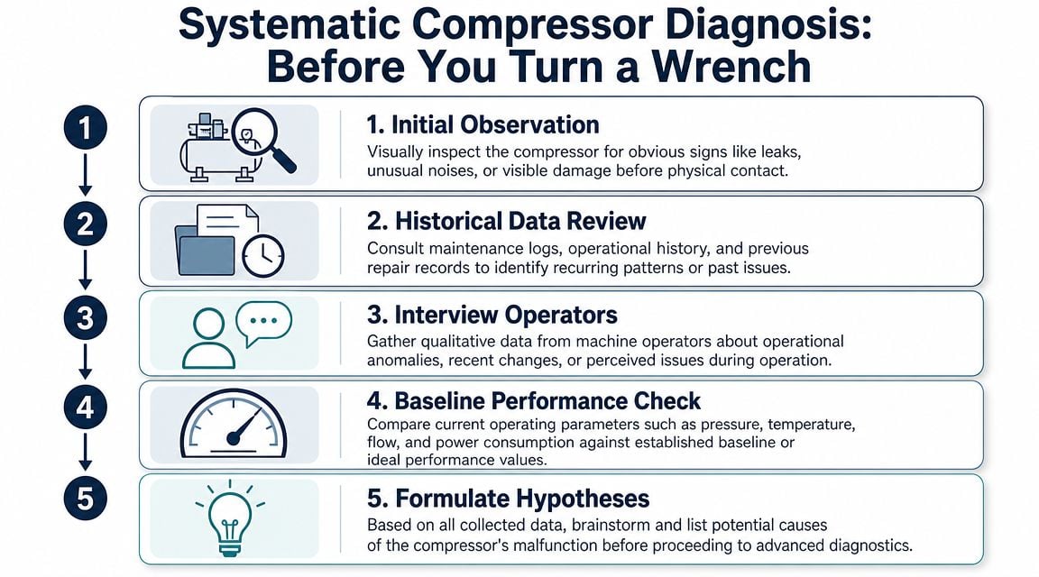 A five-step guide for systematic compressor diagnosis before performing physical repairs or maintenance work.