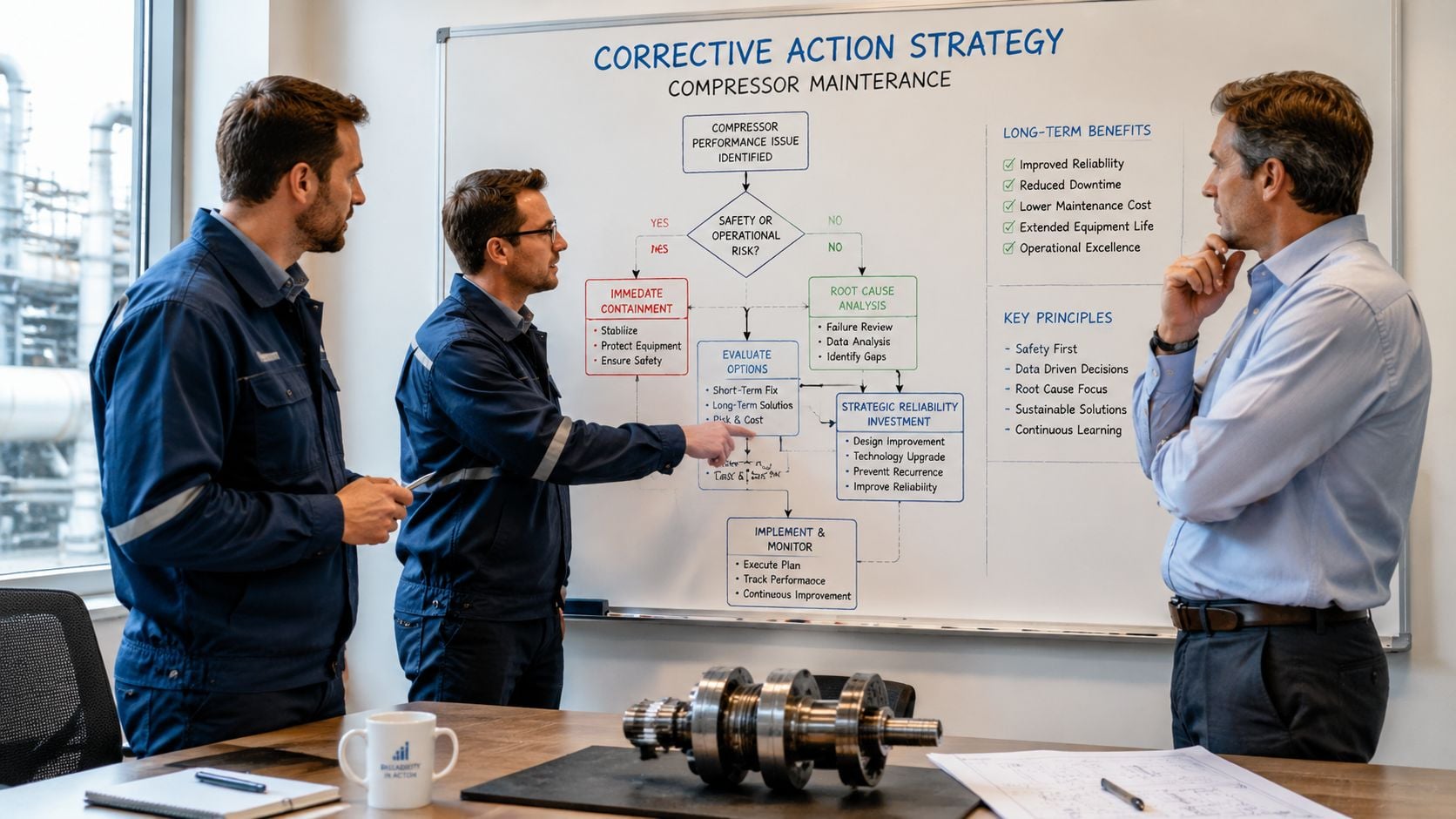 Three professionals discussing a corrective action strategy flowchart for compressor maintenance in an office meeting.