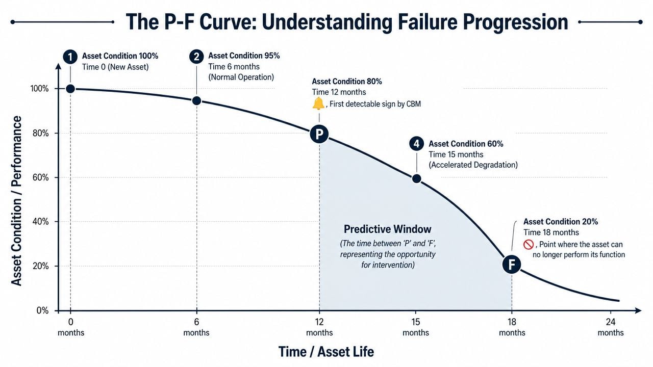 A diagram illustrating the P-F curve showing failure progression in assets from initial state to functional failure.