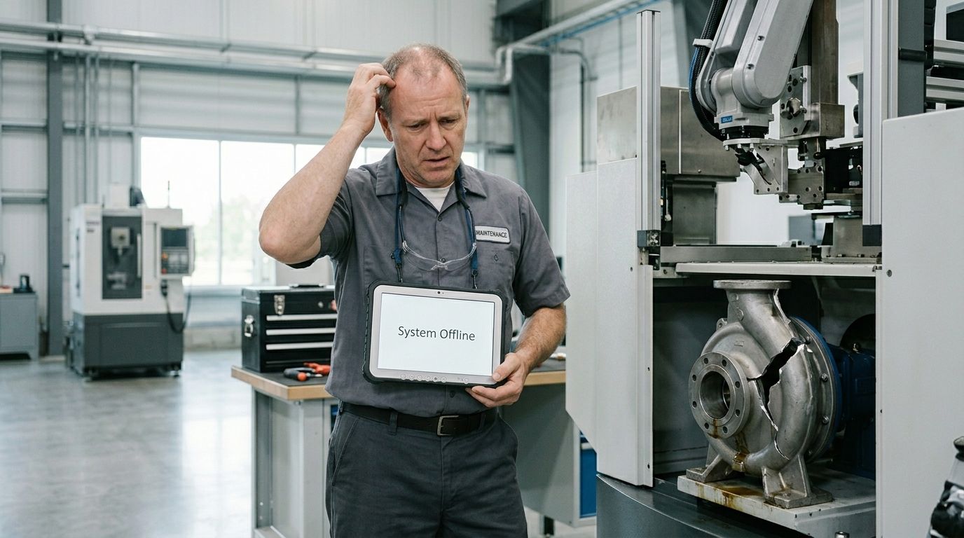 A concerned maintenance technician looking at a cracked industrial pump component with a tablet displaying system offline.