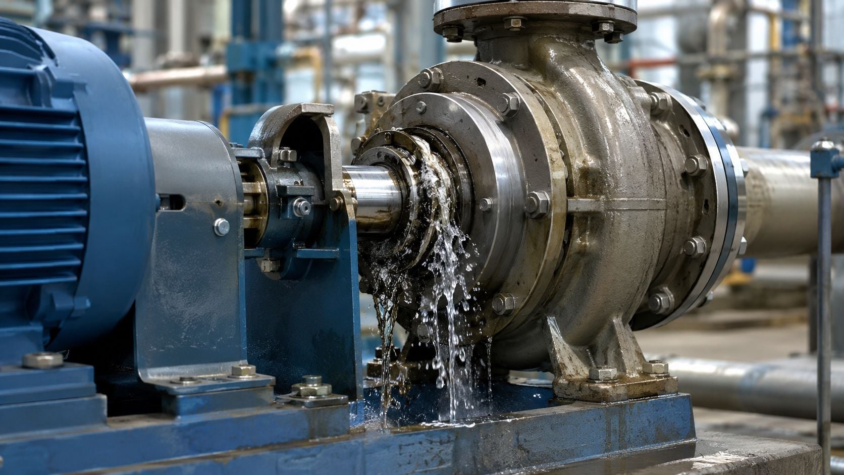 A industrial centrifugal pump leaking water at the mechanical seal between the motor and the pump housing.