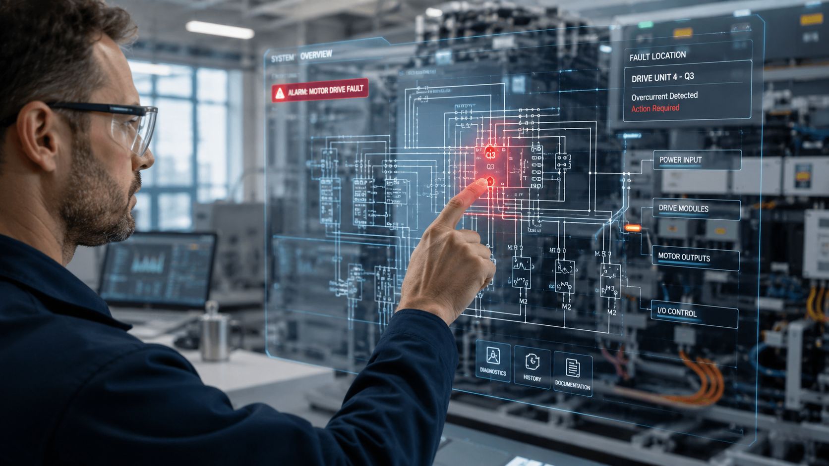 An industrial technician examines a digital holographic circuit schematic displaying an electrical fault detection system alert.