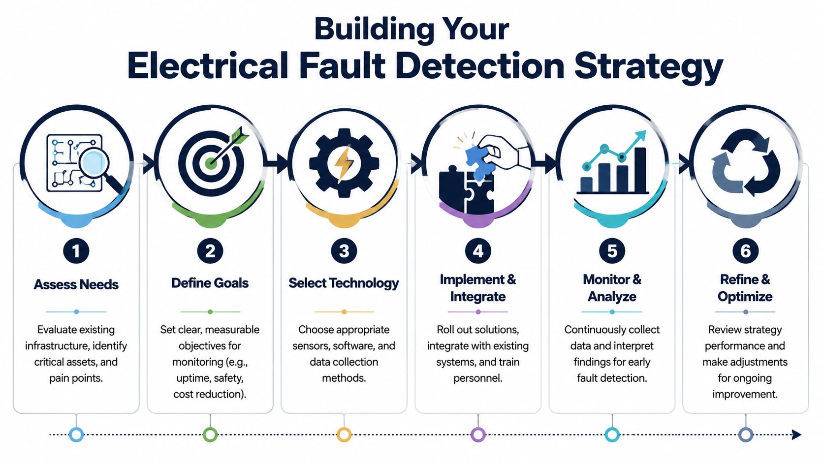 A six-step infographic illustrating a strategic approach for building an electrical fault detection system in industrial settings.