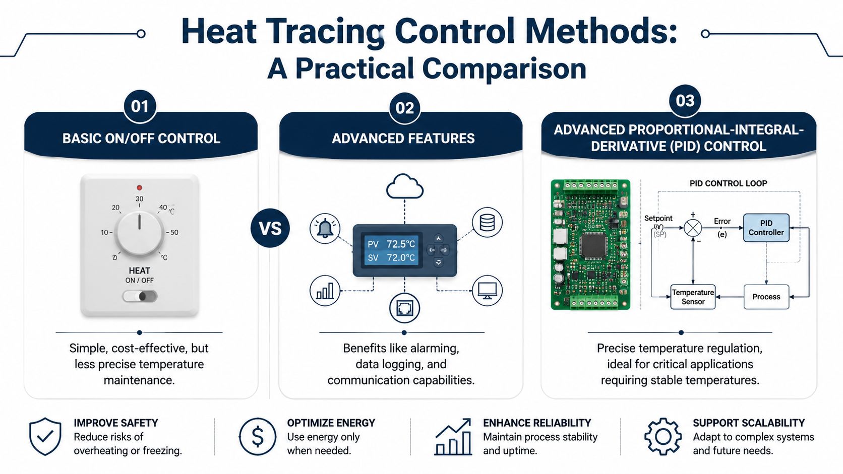 A comparison infographic showing heat tracing control methods: basic on/off, advanced features, and PID control systems.