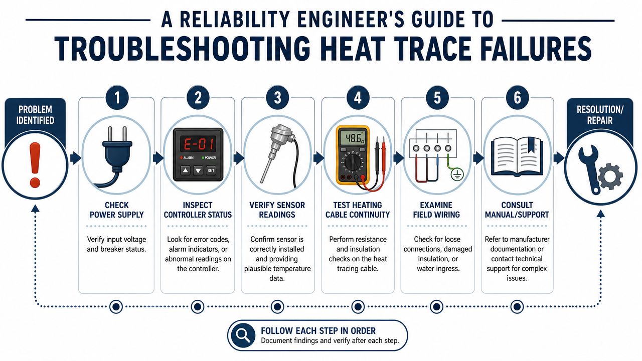 An infographic showing a six-step troubleshooting process for fixing common heat tracing system failures in industrial settings.