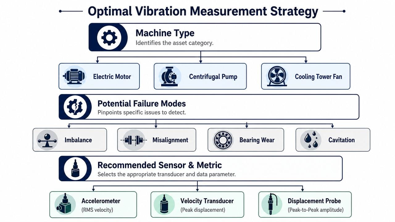 Flowchart illustrating the optimal vibration measurement strategy for industrial equipment including machine types, failure modes, and sensors.