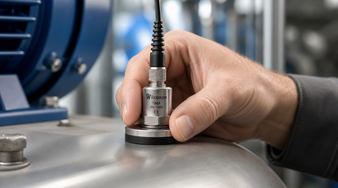 A technician holds a Wilcoxon vibration sensor against a metallic industrial machine casing for maintenance testing.