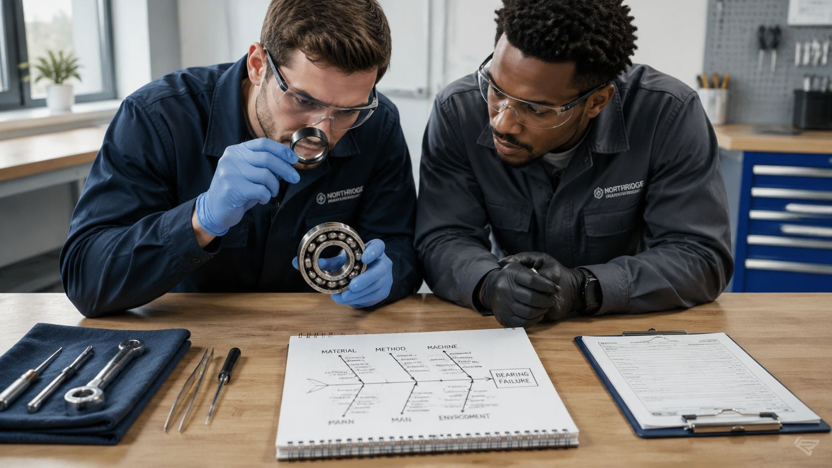Two technicians in uniform inspect a metal bearing while analyzing a fishbone diagram of bearing failure.