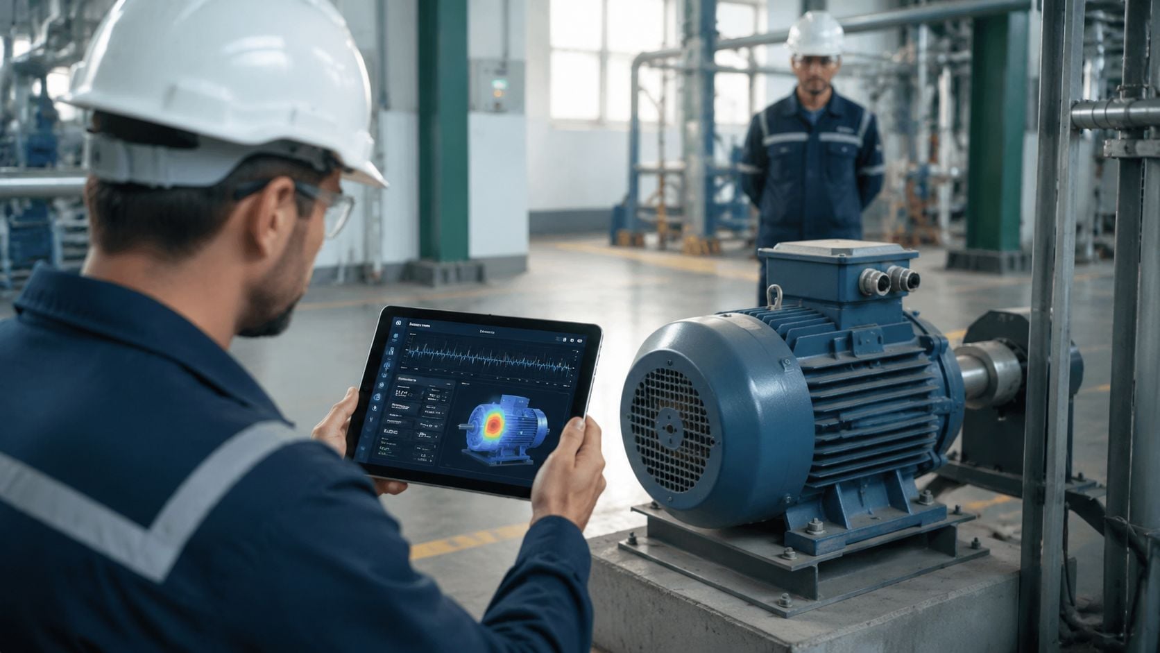 A maintenance supervisor uses a digital tablet to inspect a large industrial electric motor in a factory.