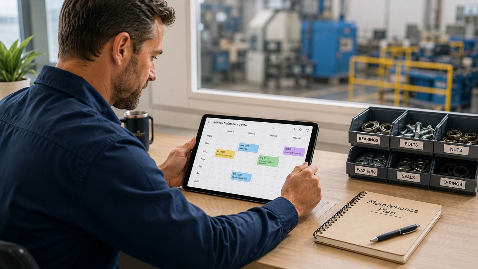 A maintenance supervisor reviewing a 4-week work order schedule on a digital tablet at his workstation.