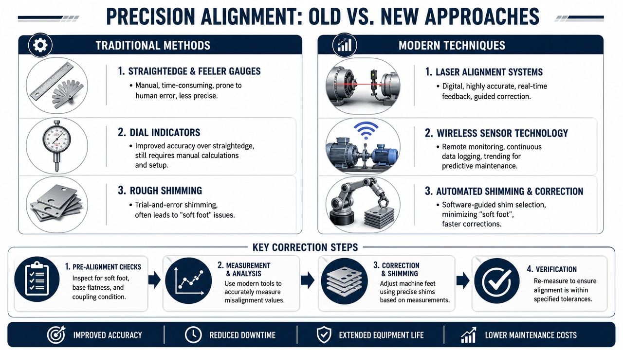 A comparison chart showing traditional manual methods versus modern laser-based techniques for industrial precision shaft alignment.