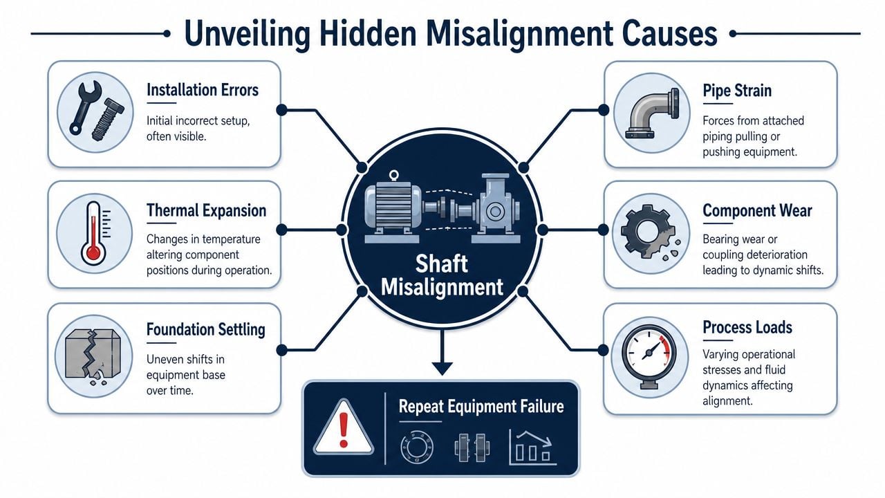 A diagram illustrating six common root causes of industrial shaft misalignment leading to equipment failure.