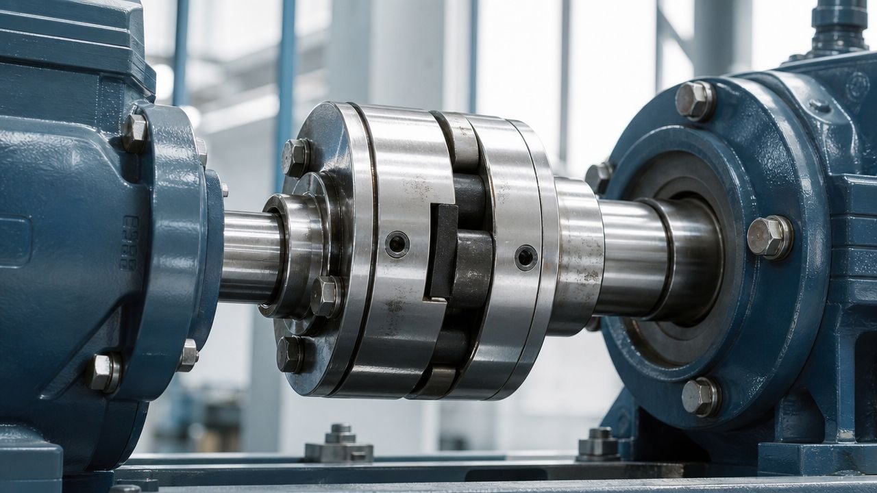 A close-up view of a metal industrial shaft coupling connecting two heavy-duty machinery parts in a factory.