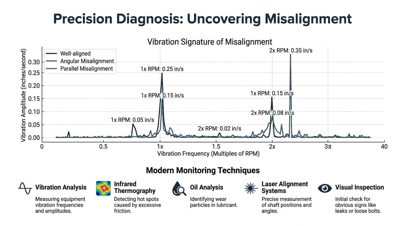 A chart showing vibration analysis signatures for well-aligned, angularly misaligned, and parallel misaligned machinery shafts.