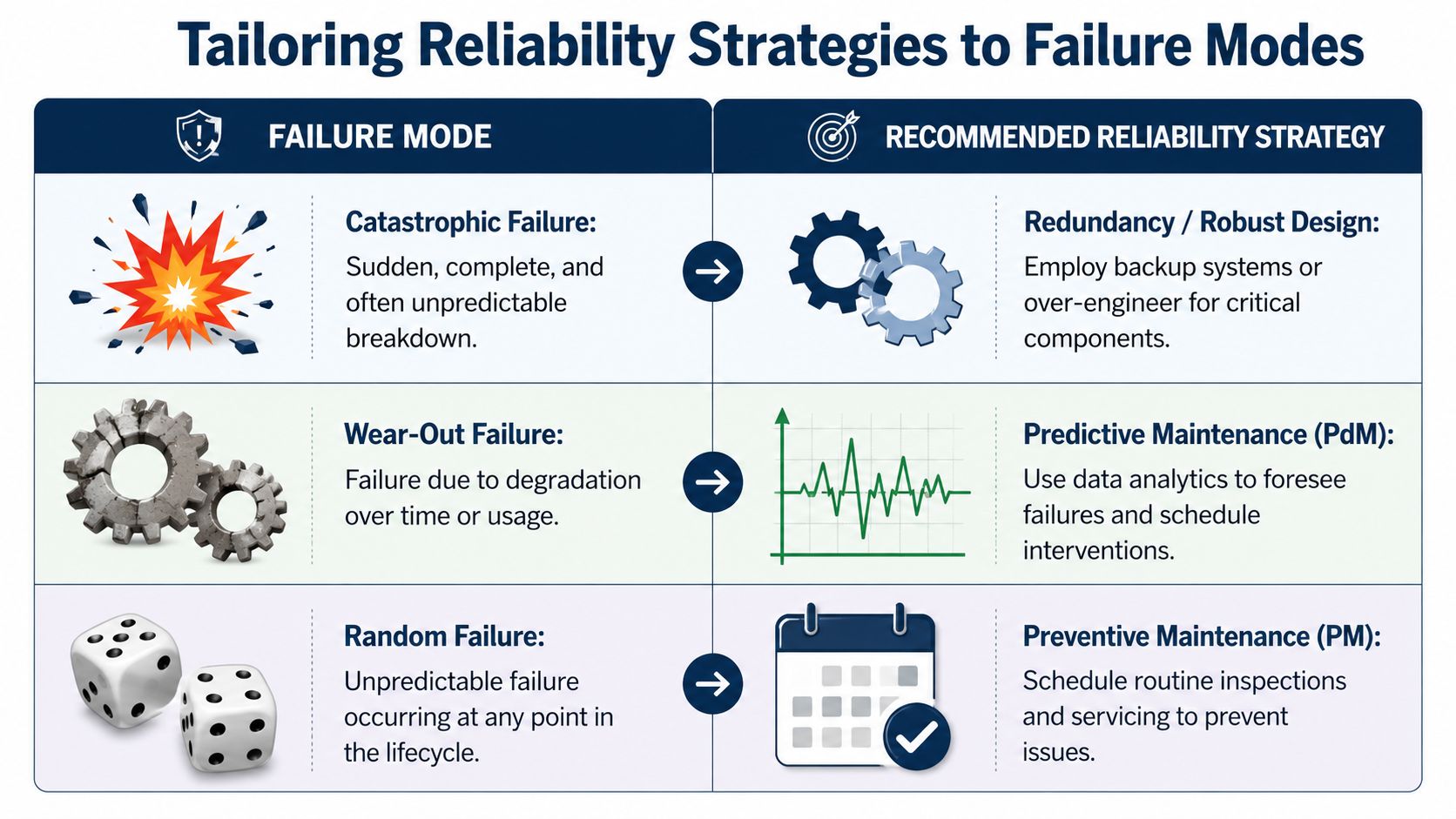 A chart illustrating different failure modes like catastrophic, wear-out, and random failures with corresponding reliability strategies.