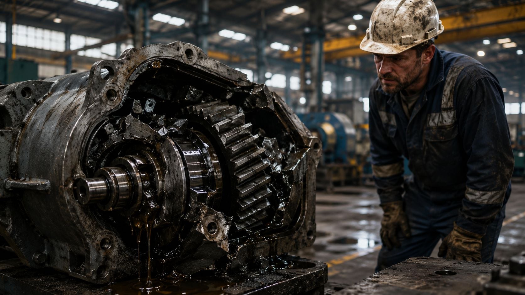 A focused mechanic in a dirty factory examines a broken industrial machine component covered in thick oil.