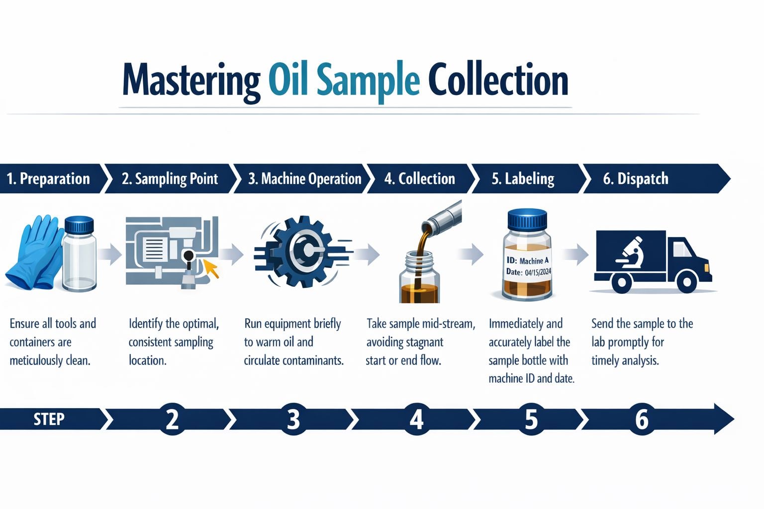 An infographic showing the six steps to follow for the proper collection of oil samples for analysis.