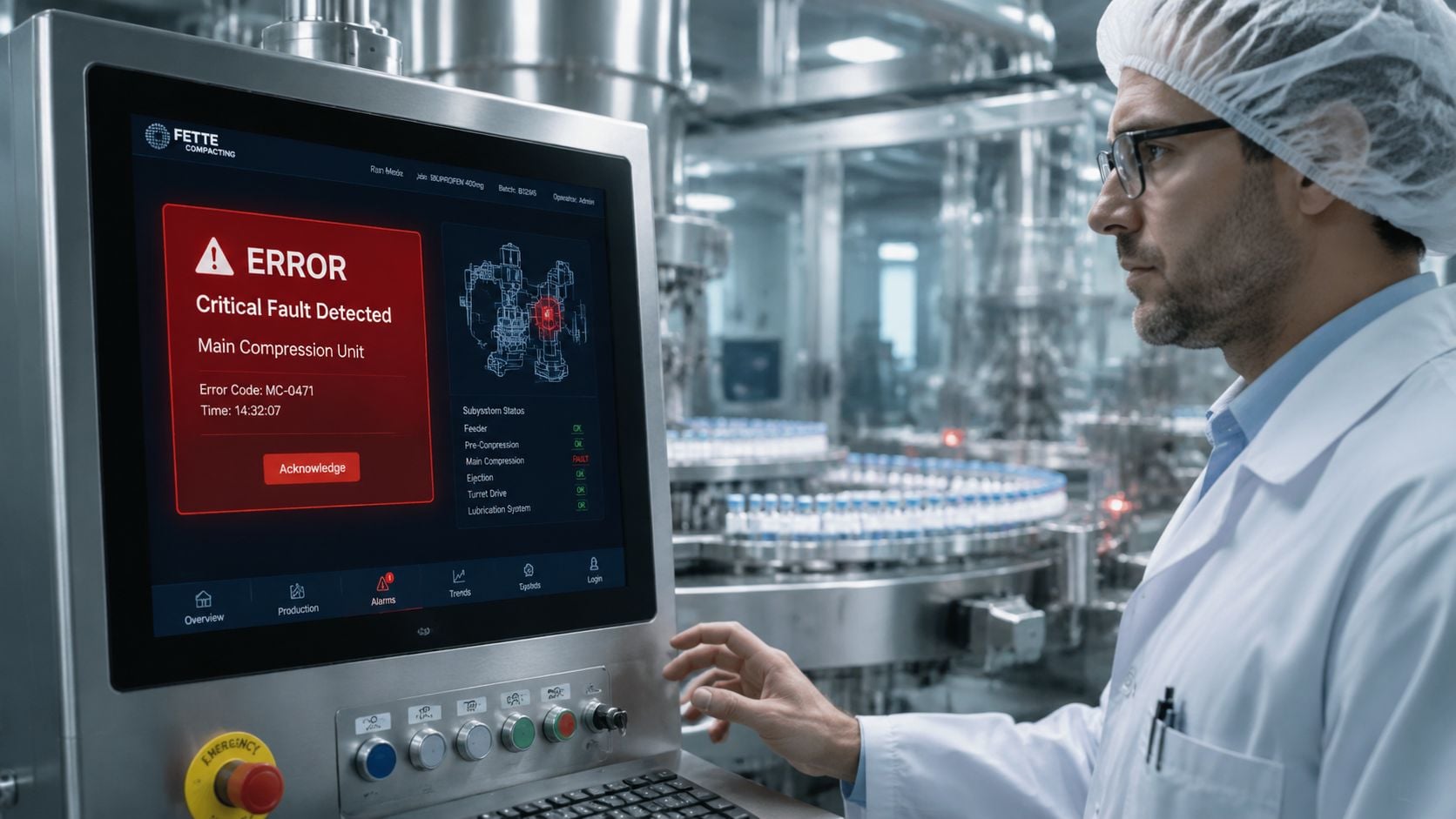 A technician wearing a hairnet and lab coat monitors pharmaceutical manufacturing equipment showing a critical fault error.