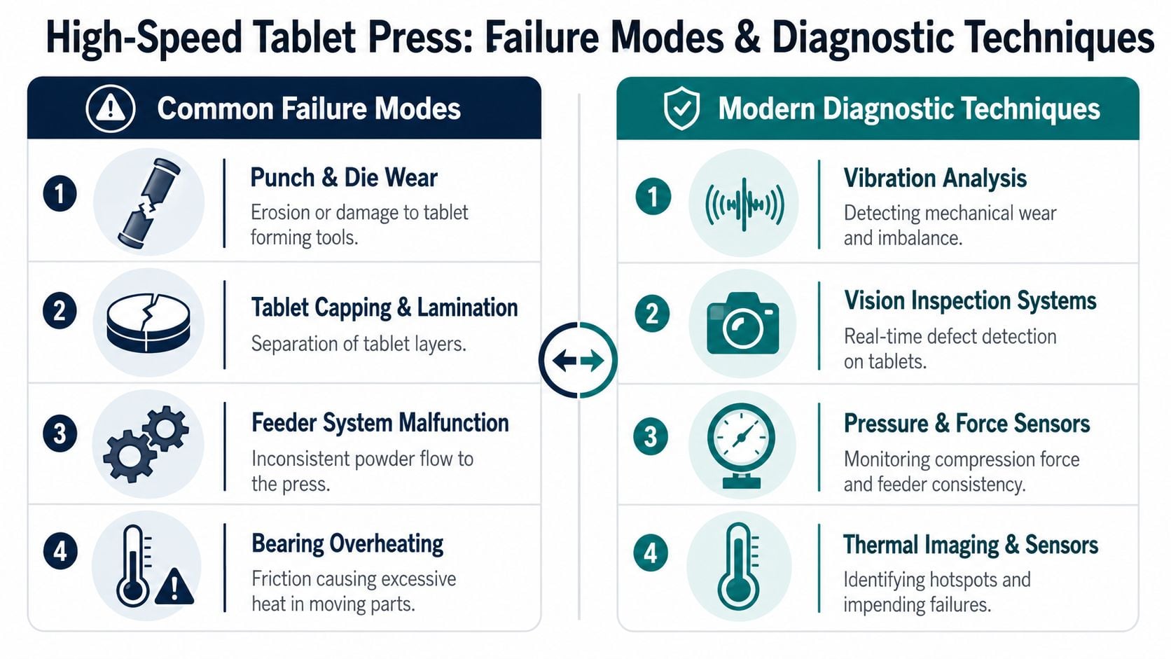An infographic detailing common failure modes and modern diagnostic techniques for high-speed tablet press pharmaceutical manufacturing equipment.