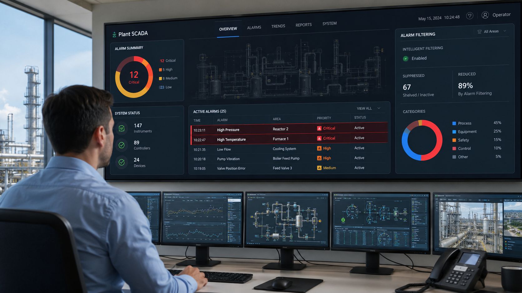 An operator sits at a desk monitoring a large digital dashboard displaying industrial plant SCADA data.