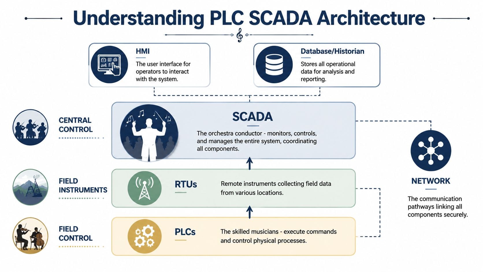 A diagram illustrating PLC SCADA architecture with components like HMI, database, RTUs, and communication networks.