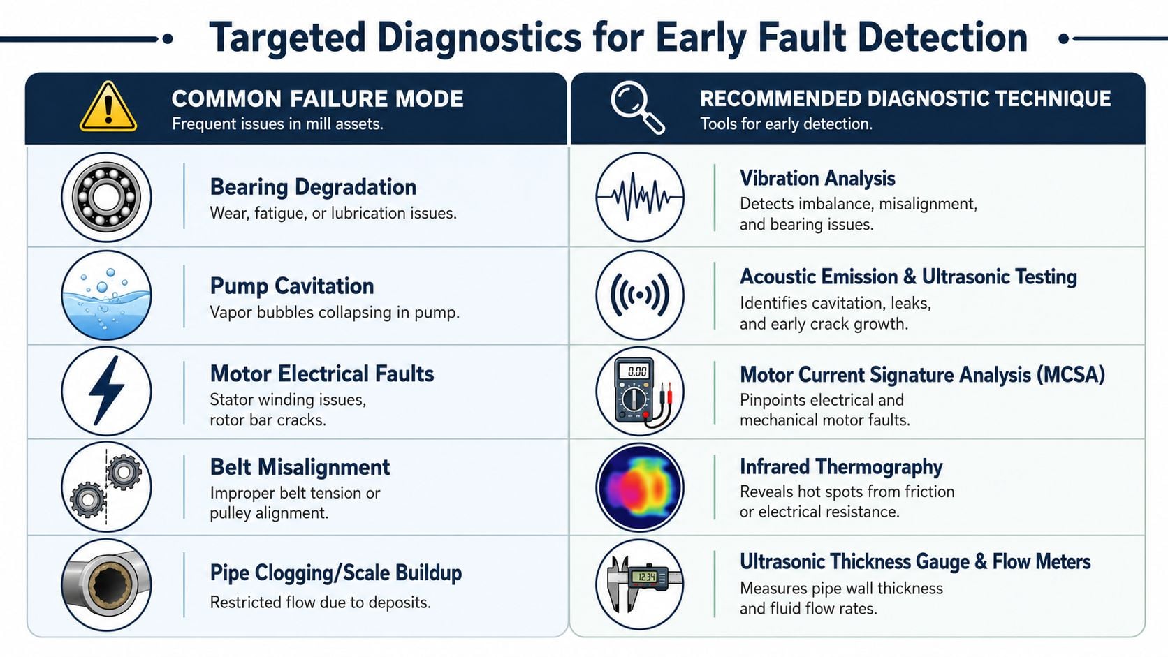 A diagnostic chart illustrating common mill equipment failure modes and their corresponding recommended maintenance and inspection techniques.