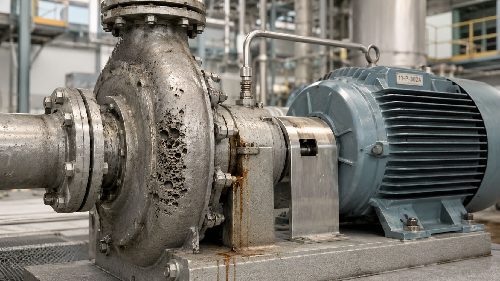 A heavy industrial pump with visible surface corrosion and leaks installed in a modern manufacturing facility.