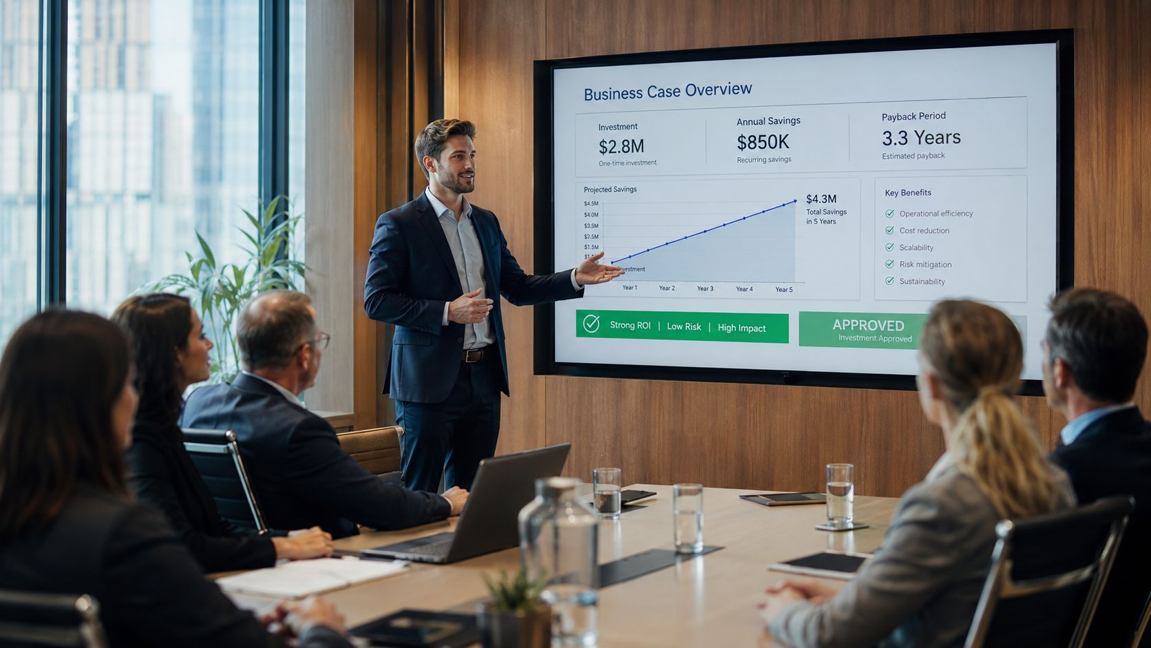 A professional man presents a business case analysis to a group of colleagues in a modern boardroom.