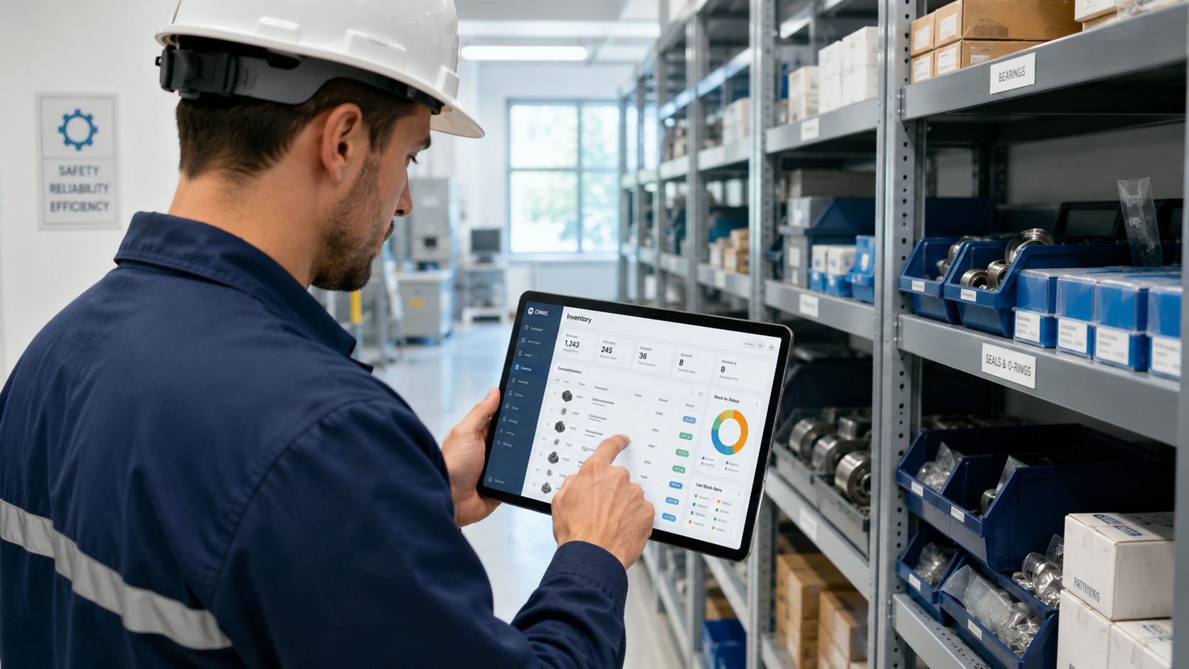 A warehouse worker wearing a hard hat uses a digital tablet to manage inventory on shelving racks.