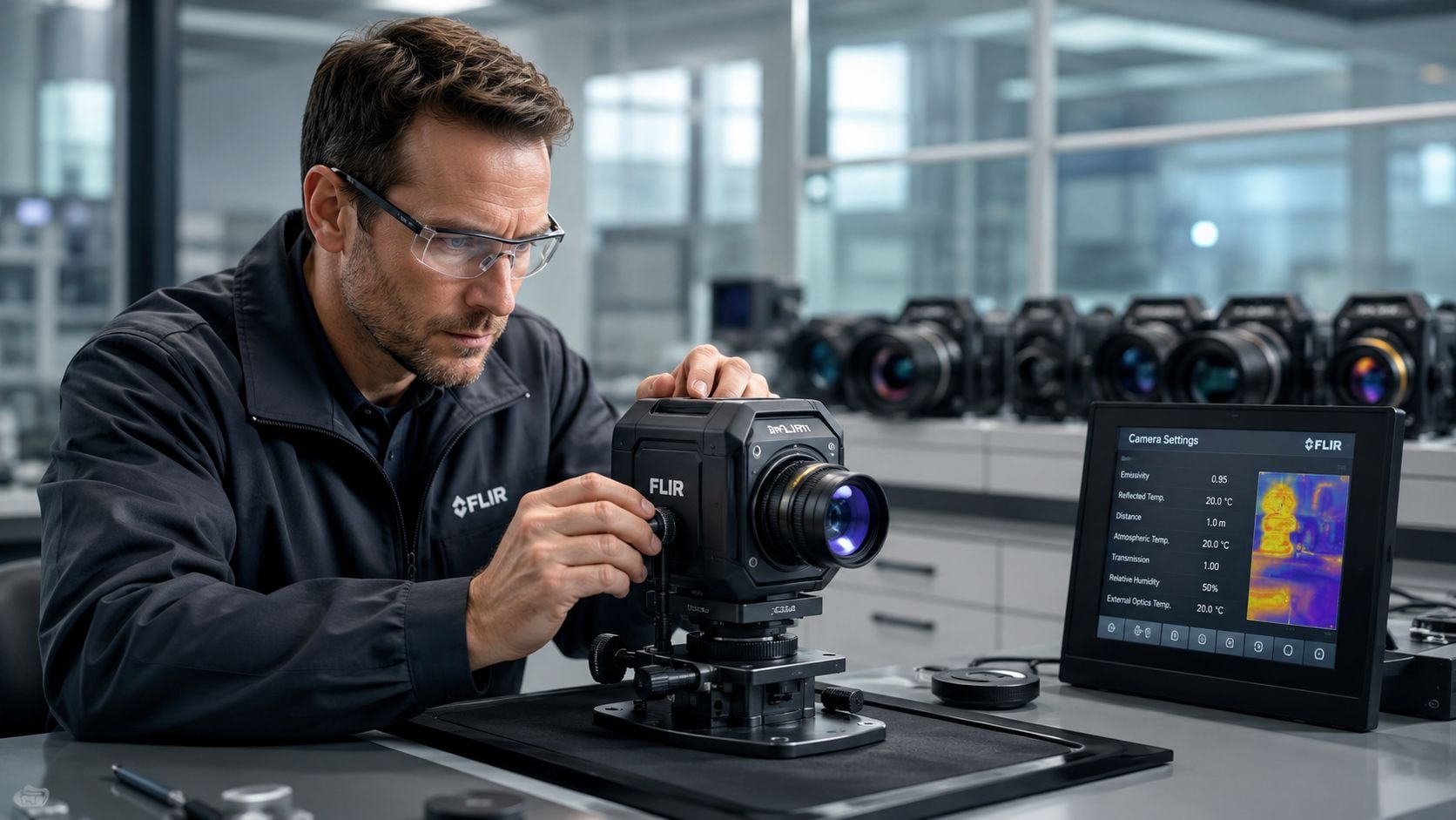 A technician wearing safety glasses adjusts a high-end FLIR thermal imaging camera in a laboratory setting.