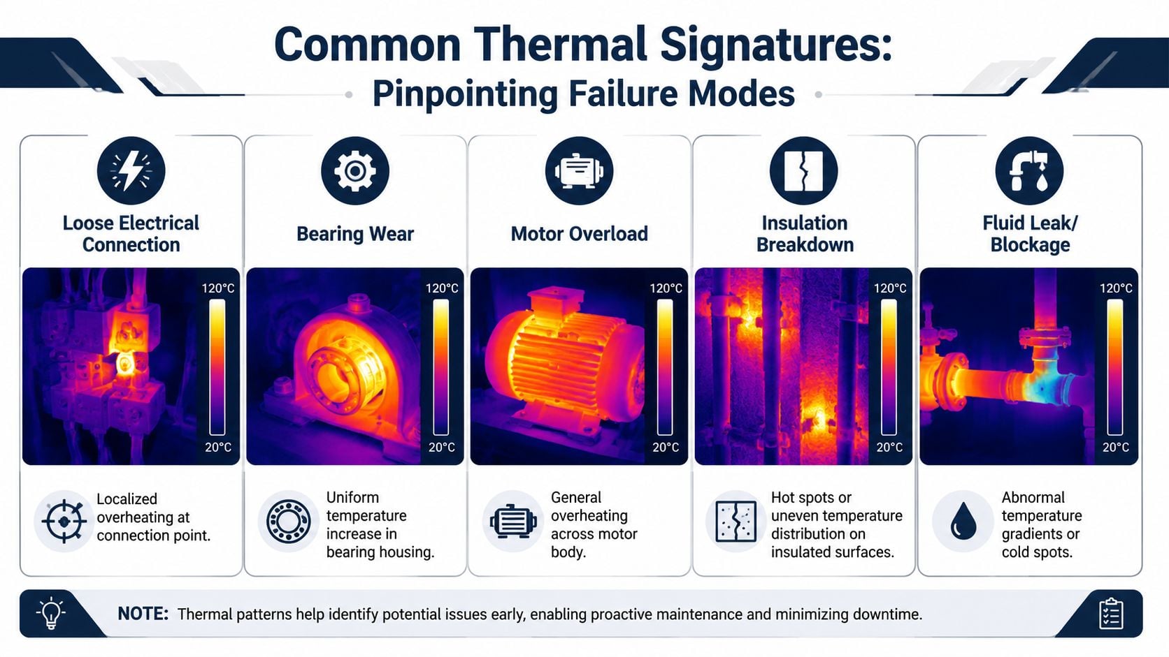 An infographic showing common thermal signatures for failure modes like electrical loose connections, bearing wear, and motor overheating.