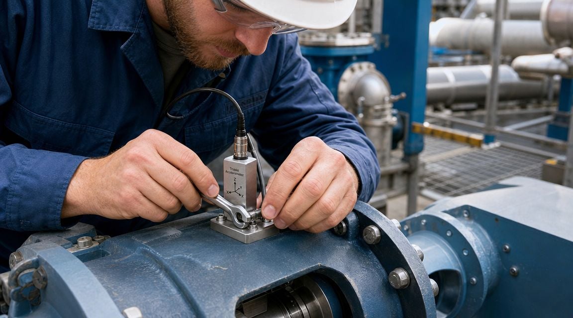 A technician installing a triaxial accelerometer sensor onto an industrial pump for vibration analysis monitoring.