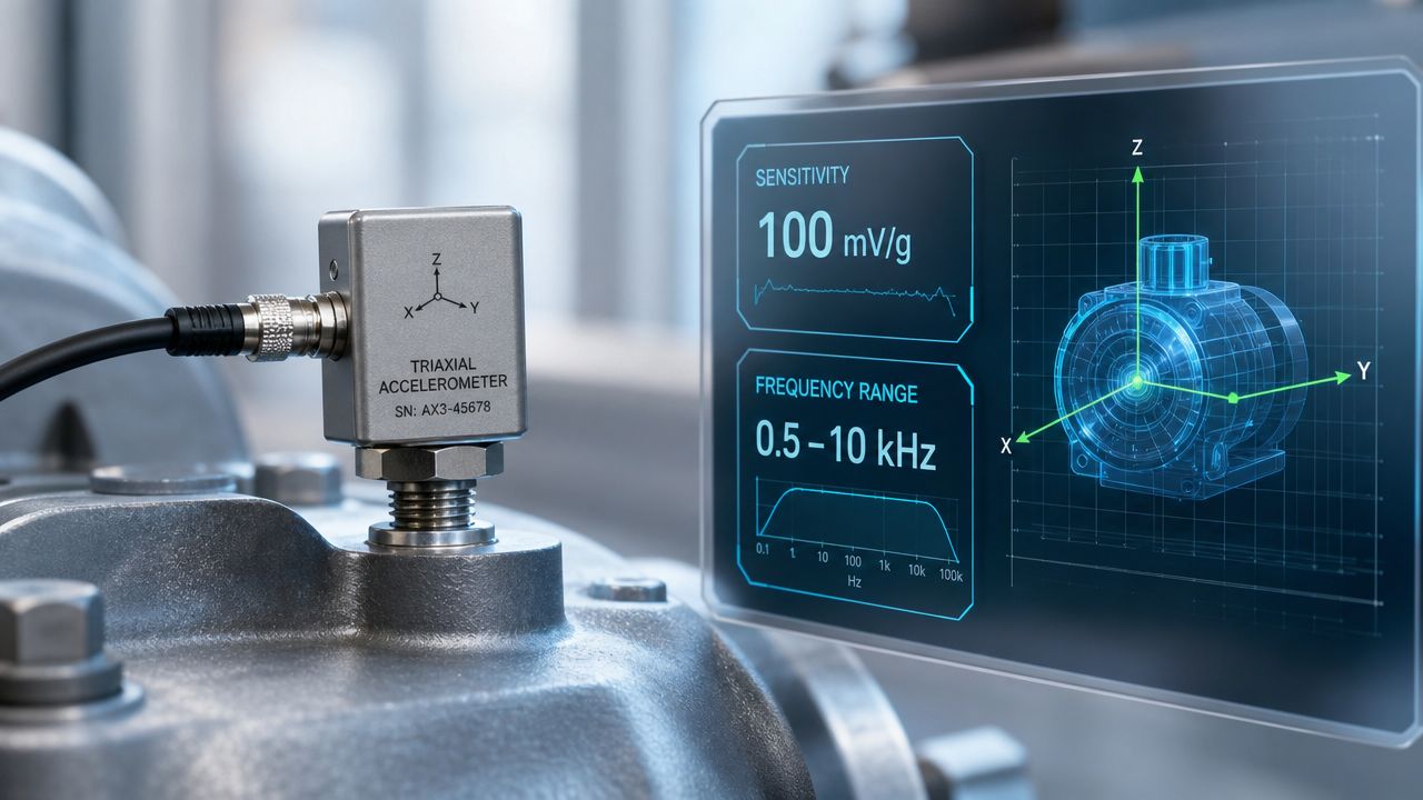 A triaxial accelerometer sensor attached to industrial machinery with a digital overlay displaying vibration frequency and sensitivity data.