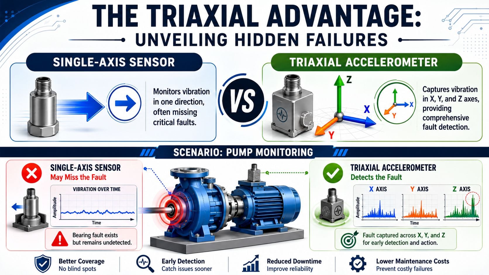A comparison infographic between single-axis sensors and triaxial accelerometers for monitoring pump machinery health and vibration.