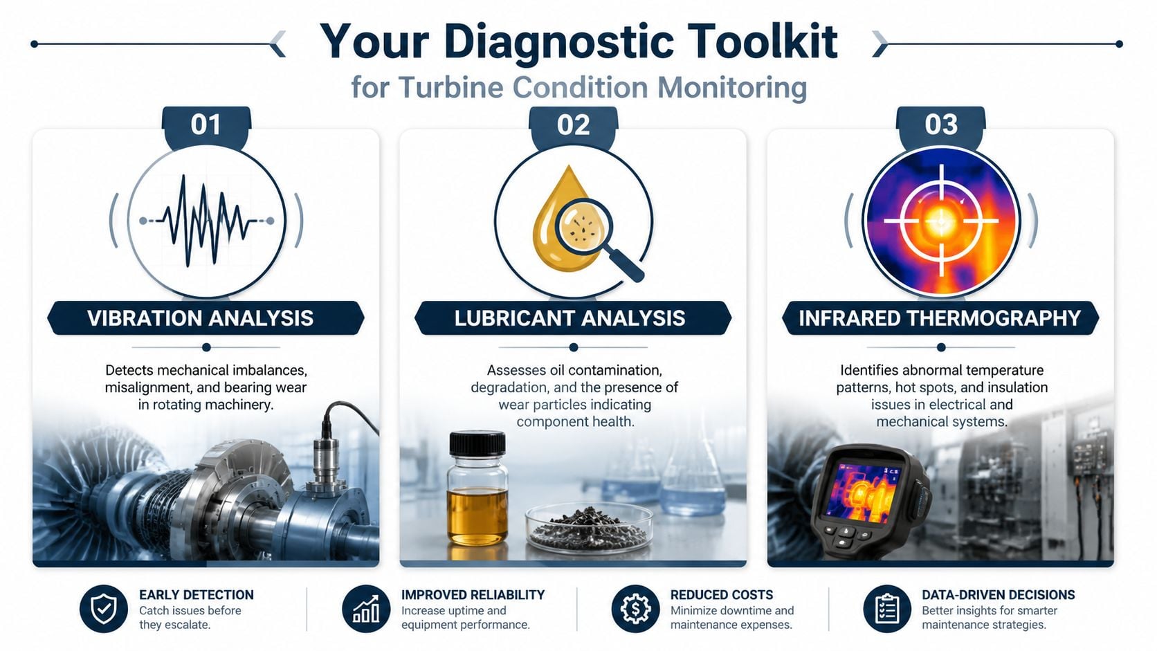 An infographic detailing three key diagnostic tools for turbine condition monitoring: vibration analysis, lubricant analysis, and infrared thermography.