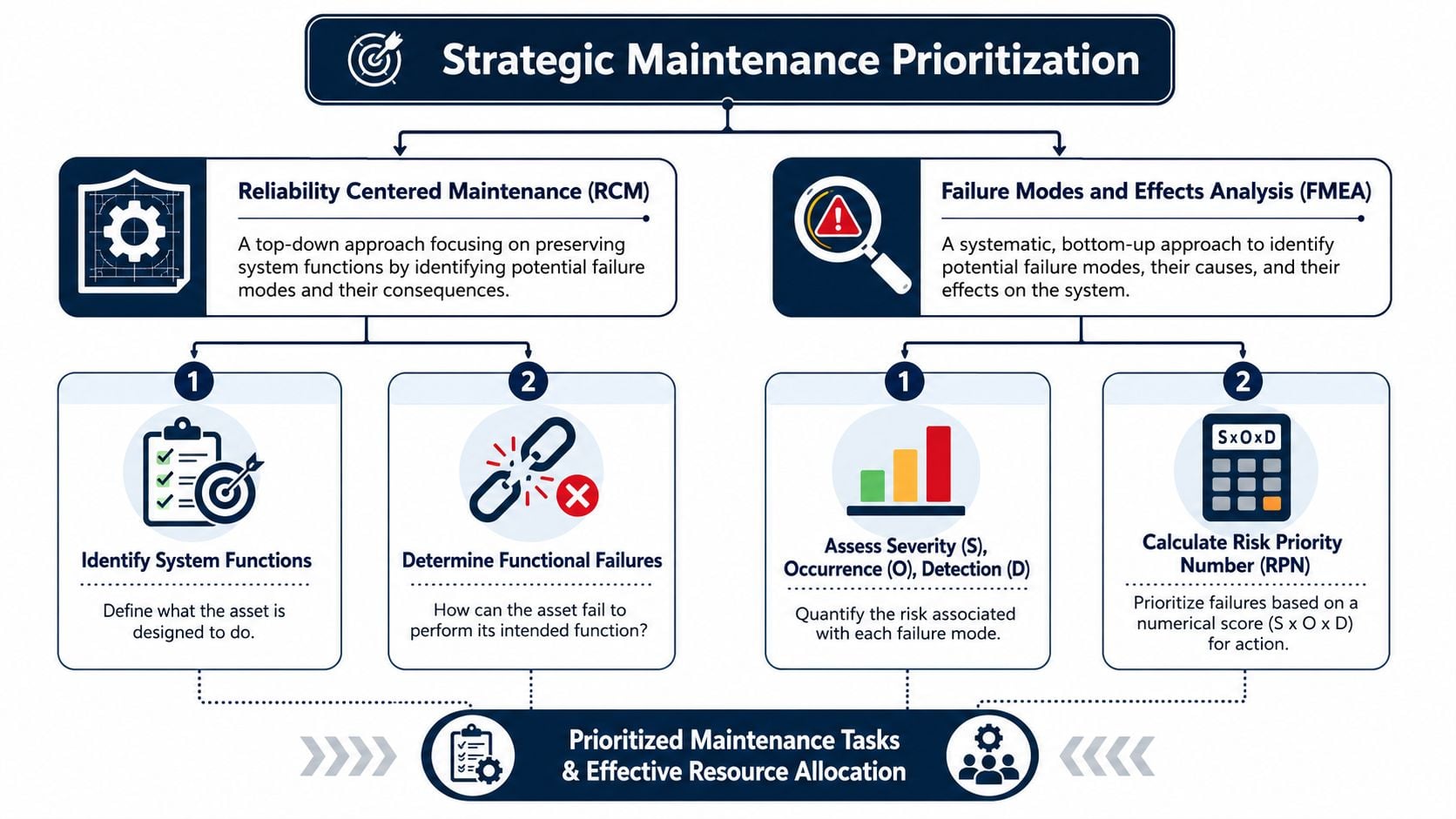 A diagram illustrating strategic maintenance prioritization through Reliability Centered Maintenance and Failure Modes and Effects Analysis processes.
