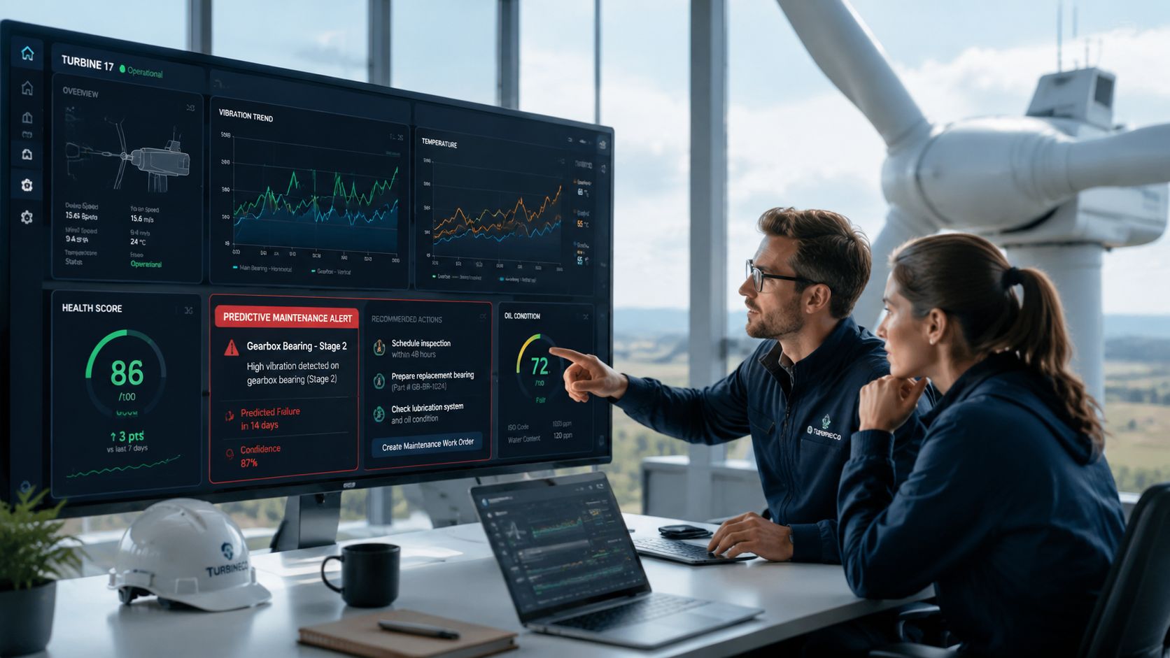 Two turbine engineers reviewing predictive maintenance data for a wind turbine on a large digital screen.