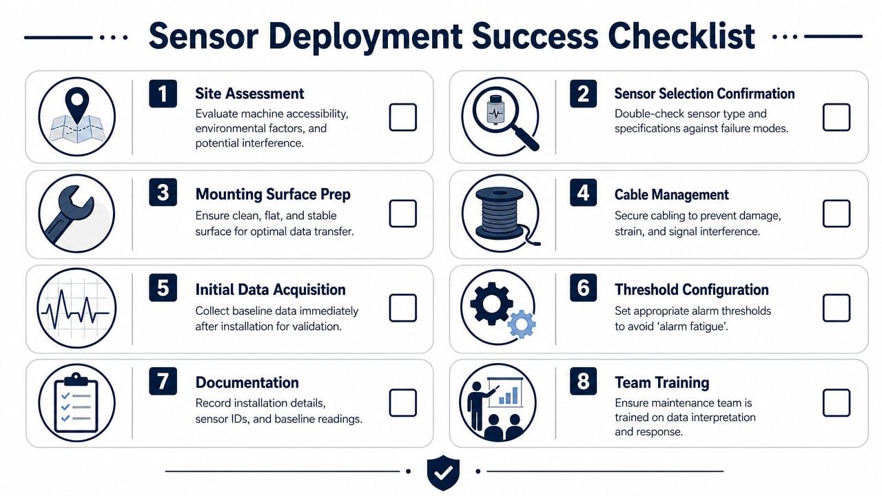 An infographic titled Sensor Deployment Success Checklist with eight numbered steps for installing industrial sensors.