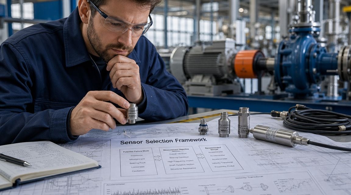A mechanical engineer in a factory selects vibration analysis sensors based on a technical selection framework.