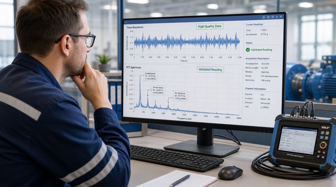 A technician analyzes vibration data displayed on a computer screen from an industrial machine monitoring system.