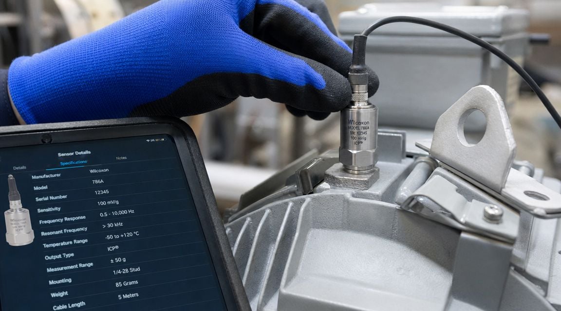 A technician holds an industrial vibration sensor against a machine while viewing data on a digital tablet.