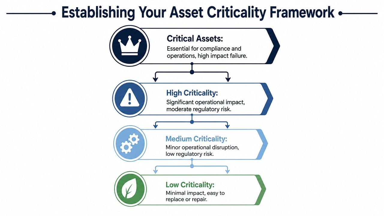 A hierarchy chart displaying four levels of asset criticality, from critical assets to low criticality.
