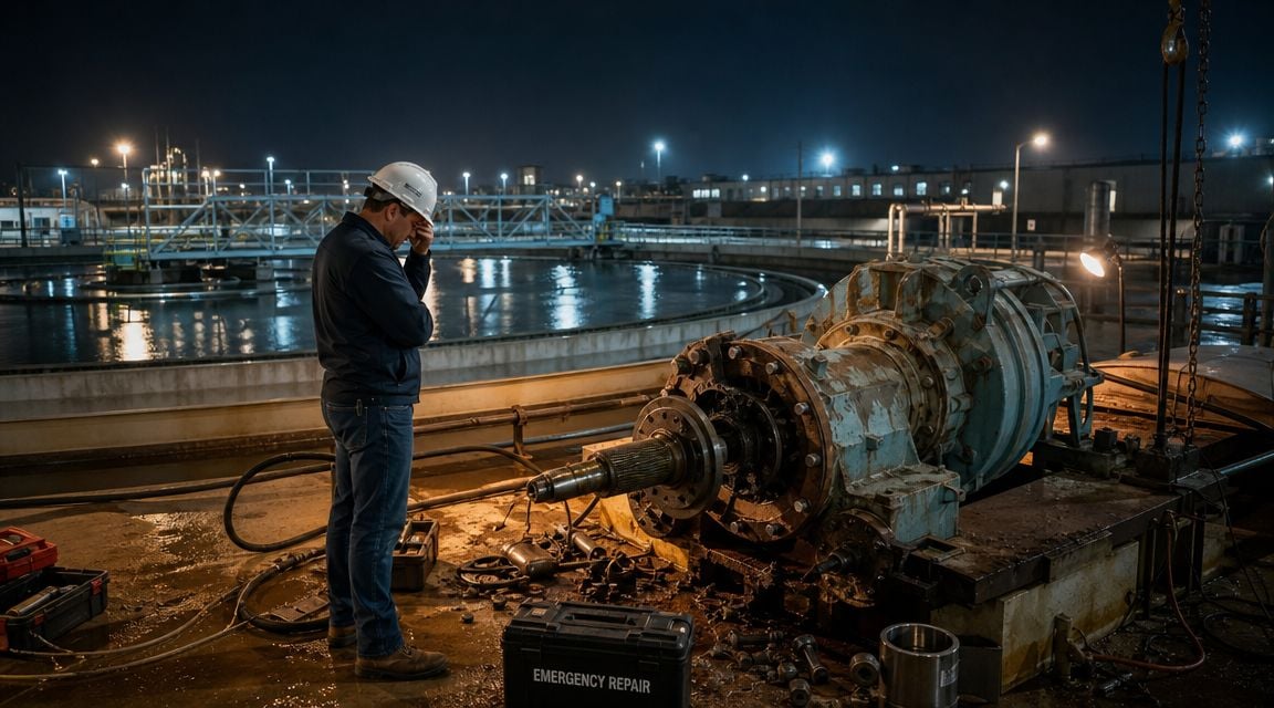 A stressed worker stands over heavy machinery at a water treatment plant during a night repair.