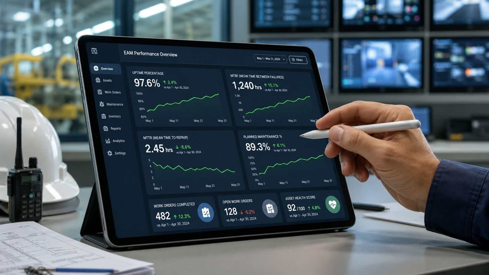 A professional analyzing an EAM performance dashboard on a tablet in an industrial monitoring facility.