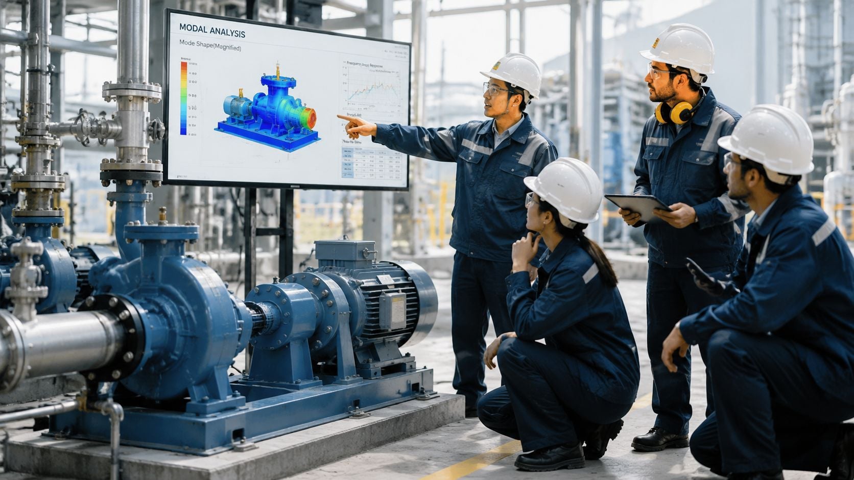 Engineers in an industrial plant reviewing a modal analysis digital display of pump equipment components.