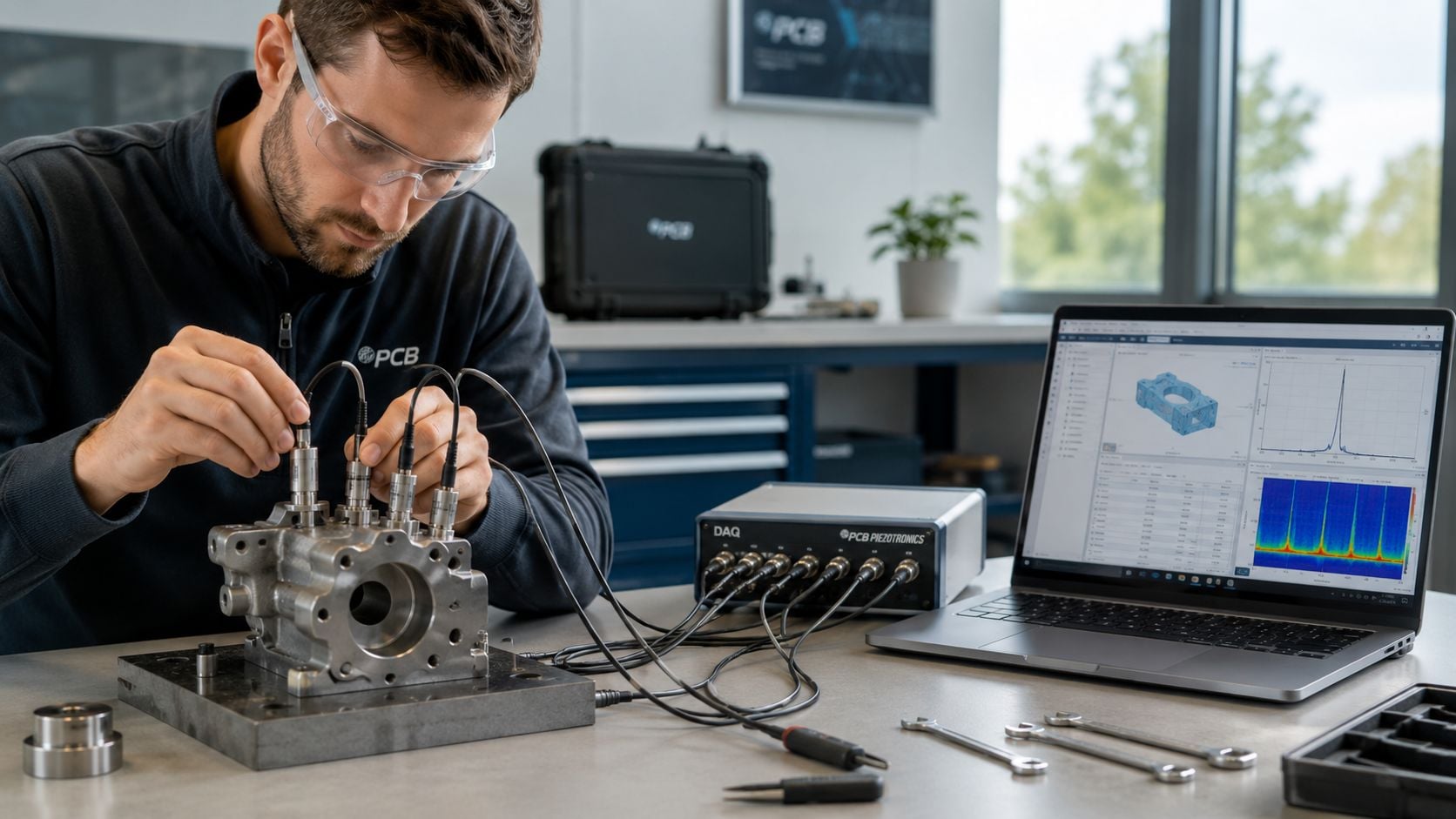 A technician performing modal analysis on a mechanical component using specialized sensors and data acquisition equipment.