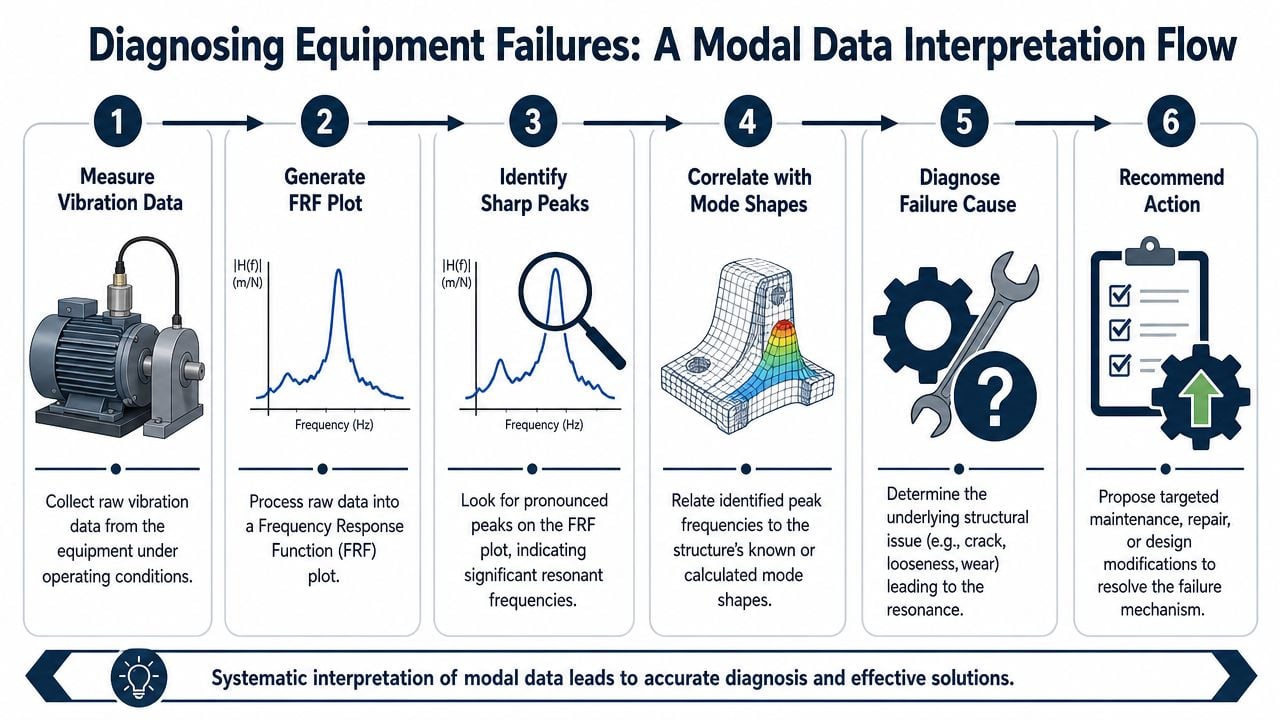 A six-step infographic illustrating the modal data interpretation flow for diagnosing mechanical equipment failures.
